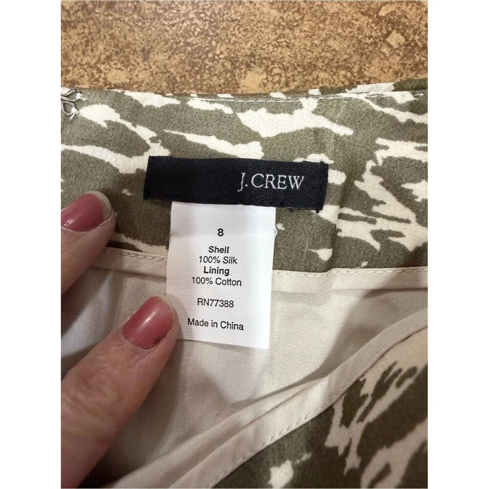 J.Crew 100% Silk Animal Print A-Line Skirt Size 8 Olive Green Midi